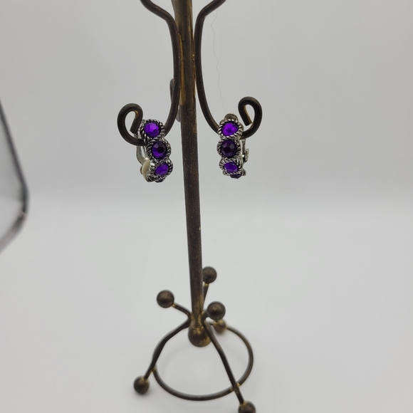 Vintage Deep Purple and Silver Tone Half Hook Clip On Earrings - Picture 1 of 8